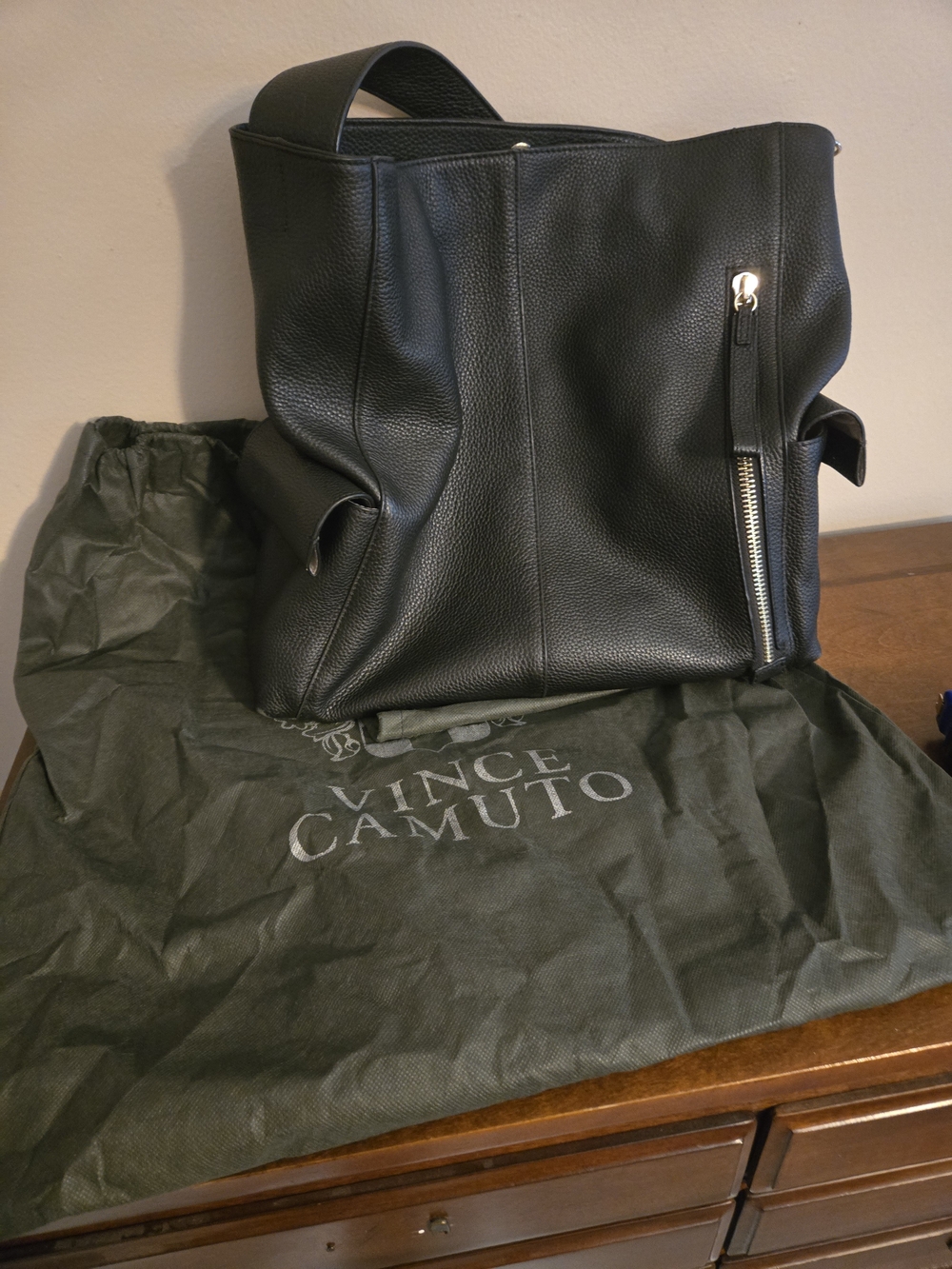Vince Camuto Black Pebbled Leather Tote with Zip Accent